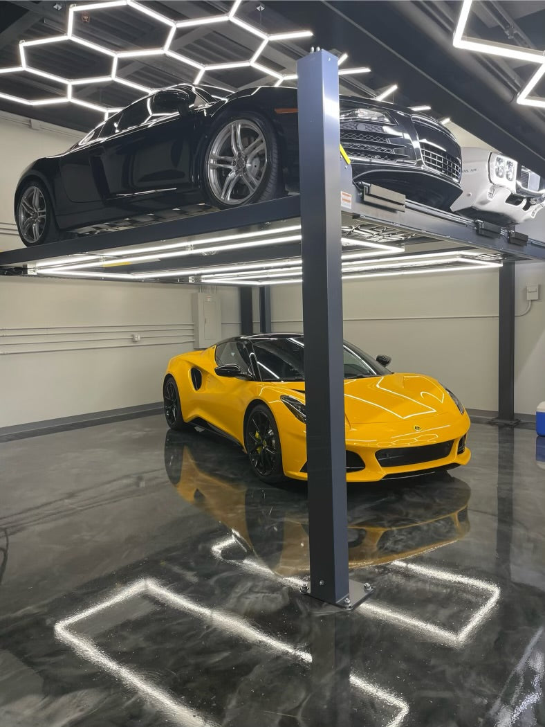 Dimmable Hex Lighting in garage under lift mount 4000k color