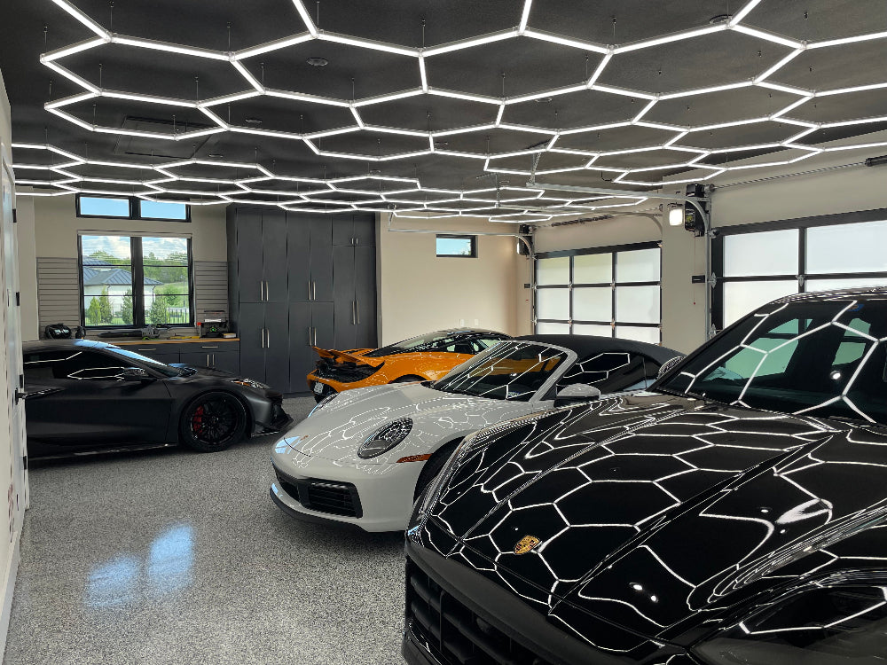 Dimmable hexagon garage lighting in garage 5000k color