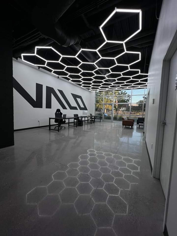 Hex garage lighting in modern office with industrial design
