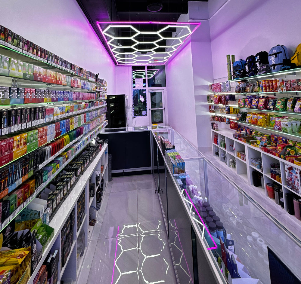 Hexagon Garage LED lights purple frame