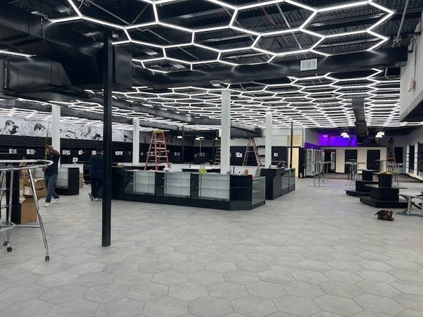 Hex garage lights in 13000 SF retail store