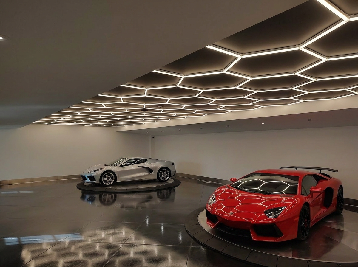 Hex garage lights in luxury garage with two exotic cars