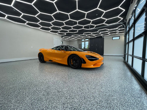 Hex garage lights four car garage With orange McLaren 5000k color temperature 