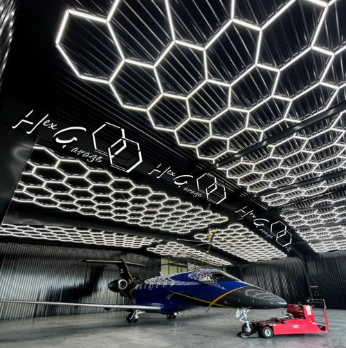 Hex garage lights LED ceiling grid in jet hanger