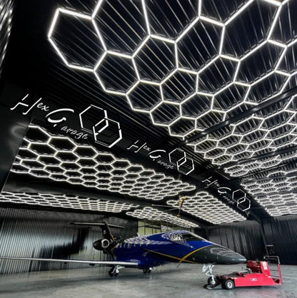 Hex garage lights LED ceiling grid in jet hanger