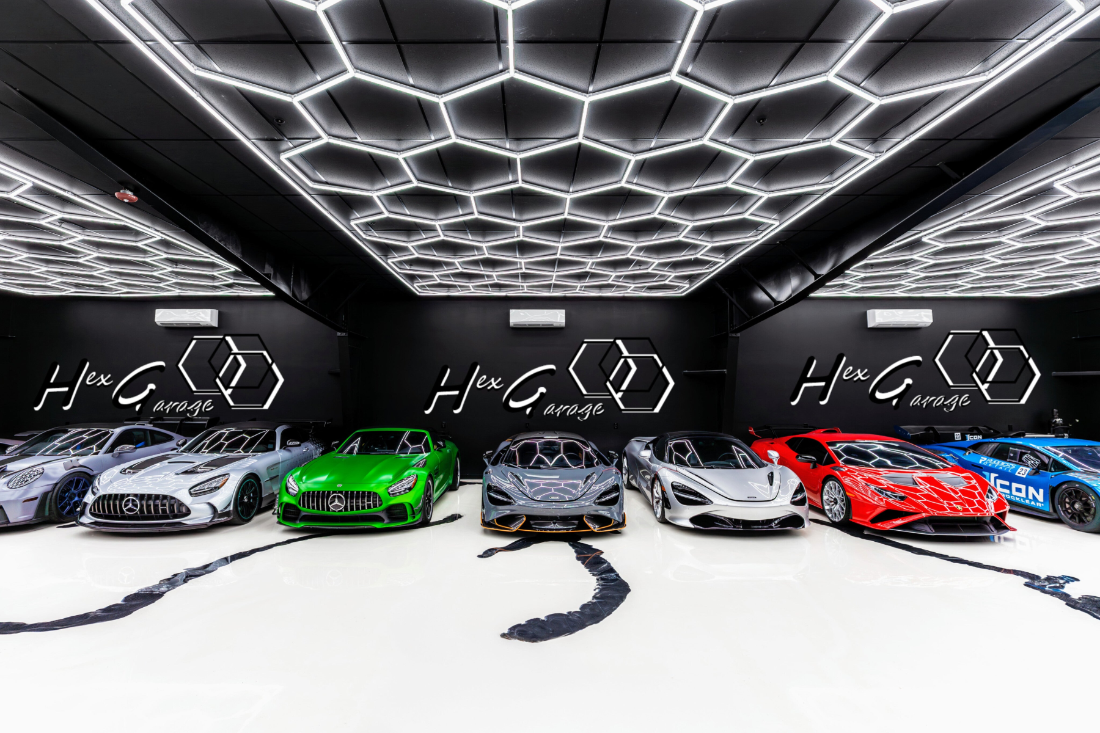 Hexagon Garage Lighting 30x20 Hex Ceiling Grids with hyper cars