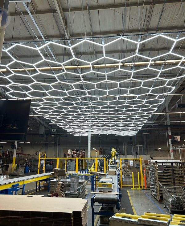 Dimmable Hex garage lighting 30x80 ft hex kit Factory installation over robotic arms