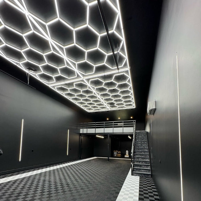 Hexagon lights in a display garage