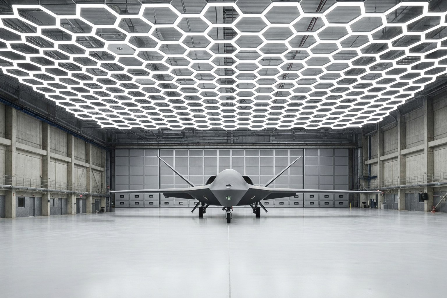 Unmanned aerial drone inside a large hangar with hexagon lighting