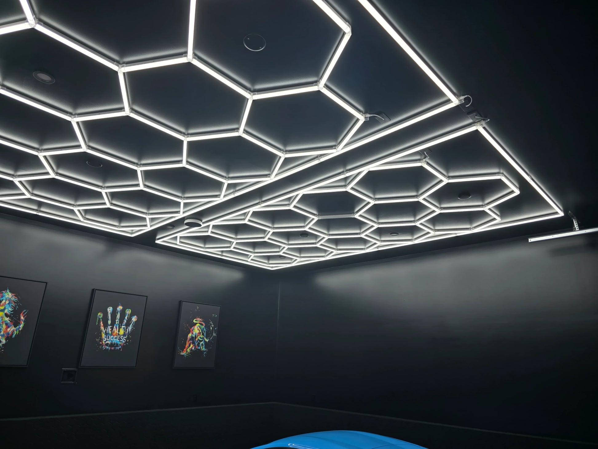 Ceiling with hex light fixture and wall art in a dark room