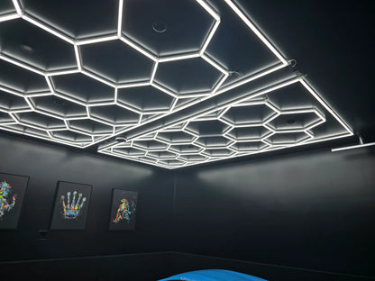 Ceiling with hex light fixture and wall art in a dark room