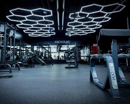10 x 20 ft hexagon light grids over a gym floor; low voltage 24V, 0-10V dimmable, remote control included