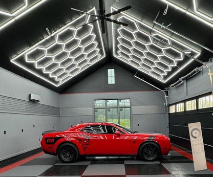 11.8 x 15.7 ft hexagon grids over a red muscle car in a vaulted garage; 24V, 0-10V dimmable, remote control included