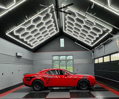 11.8 x 15.7 ft hexagon grids over a red muscle car in a vaulted garage; 24V, 0-10V dimmable, remote control included
