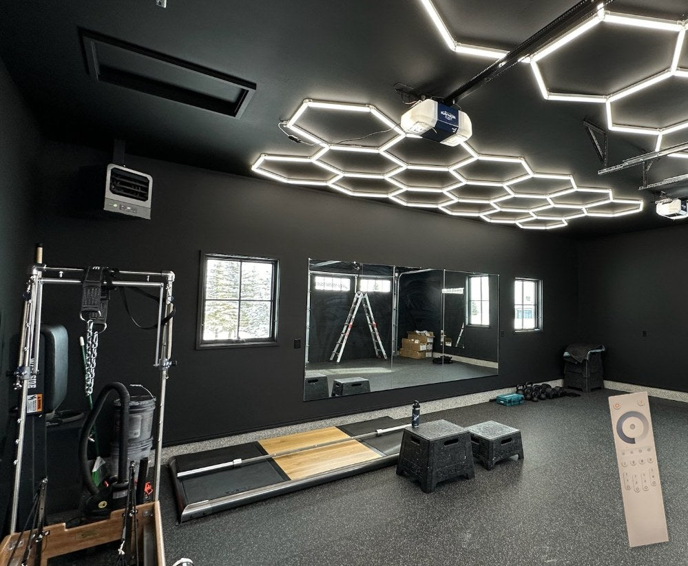 16.2 x 7.8 ft hexagon light grid in a black garage gym; low voltage 24V, 0-10V dimmable, remote control included