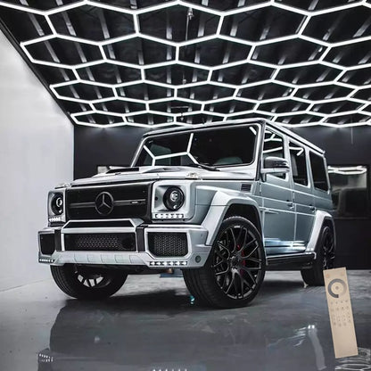 19 x 25 ft hexagon light grid over a silver SUV; low voltage 24V, 0-10V dimmable, remote control included