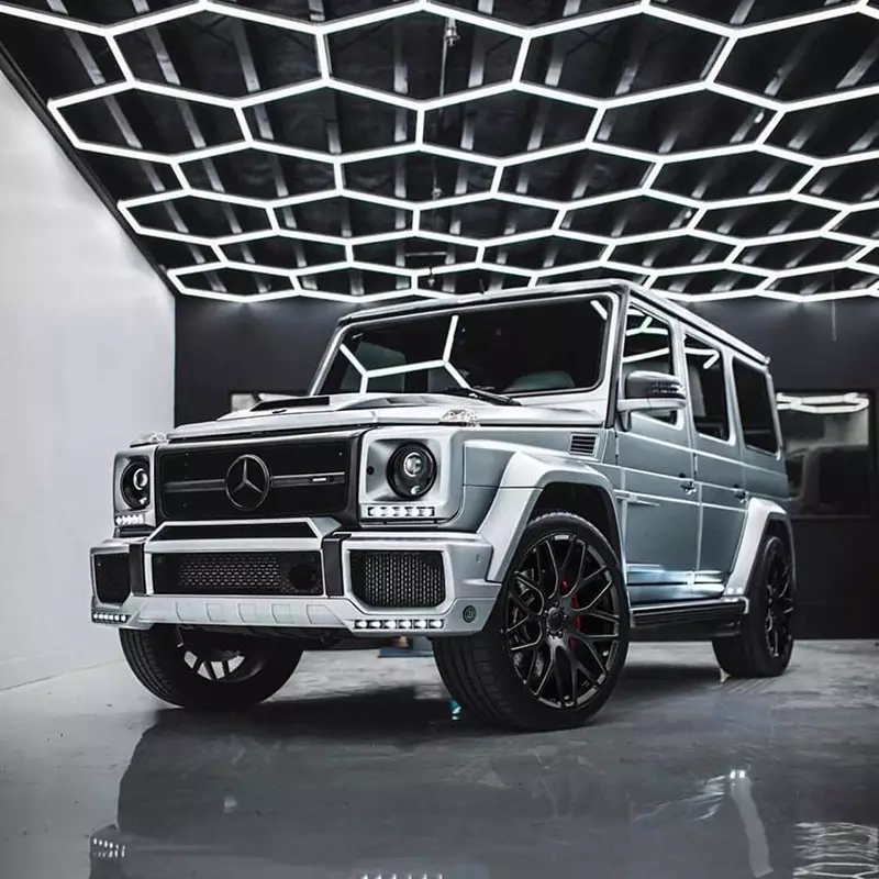 19 x 25 ft hexagon light grid over a silver SUV; low voltage 24V, 0-10V dimmable, remote control included
