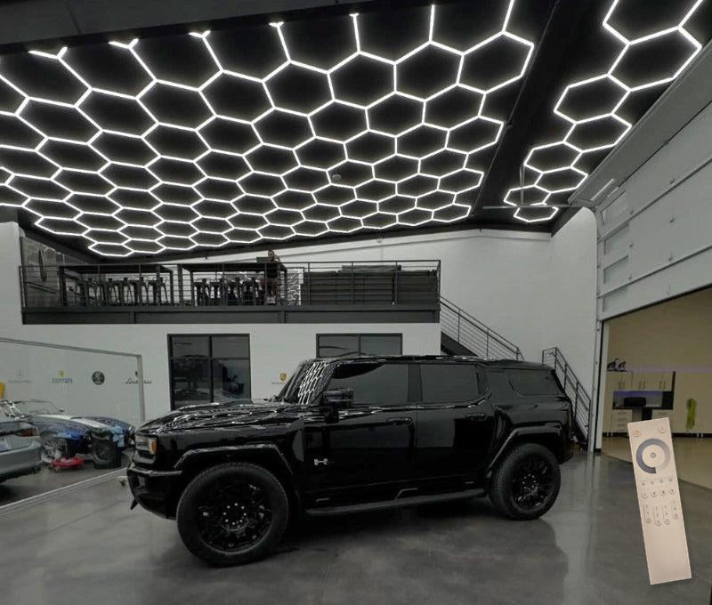 20 x 30 ft hexagon light grid over a black SUV in a garage; low voltage 24V, 0-10V dimmable, remote control included