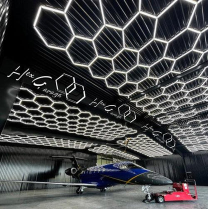 20 x 40 ft hexagon light grid in a private jet hangar; low voltage 24V, 0-10V dimmable, remote control included