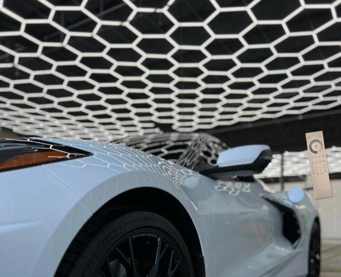 40 x 50 ft hexagon light grid over a white sports car; low voltage 24V, 0-10V dimmable, remote control included