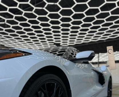 40 x 50 ft hexagon light grid over a white sports car; low voltage 24V, 0-10V dimmable, remote control included