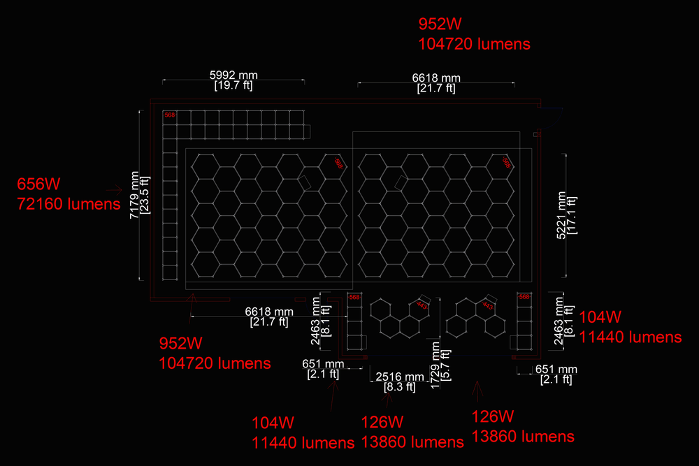 Example layout schematic showing hexagon grid zones with wattage and lumen totals